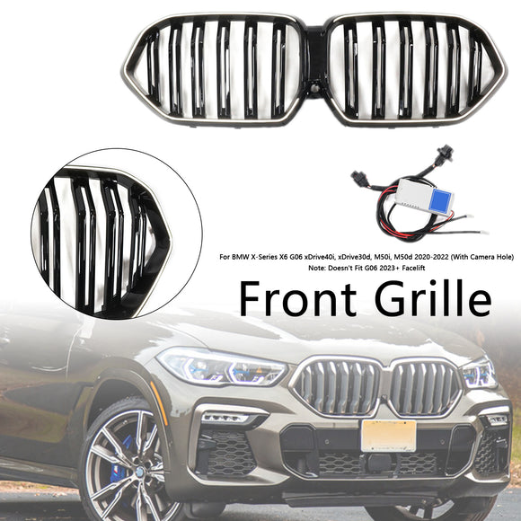 Gloss Black Front Bumper Grille Fit BMW X6 G06 M50i 2020-2022 W/Camera Hole