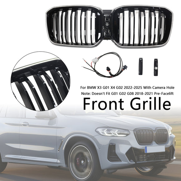 BMW X3 G01 / X4 G02 2022-2025 Black Kidney Front Grill Air Intake Radiator Bumper Grille W/ LED Strip Light