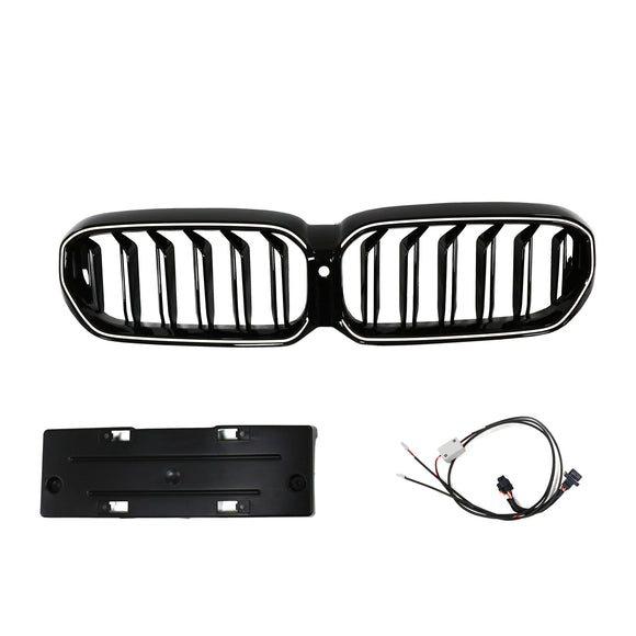 BMW 5 Series G30 G38 2021-2024 Black Front Kindey Grill Air Intake Radiator Double Slat Grille W/ LED Strip Light