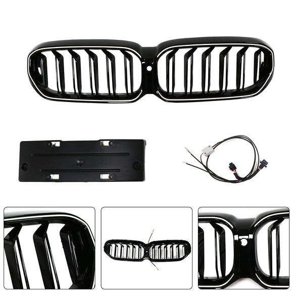 BMW 5 Series G30 G38 2021-2024 Black Front Kindey Grill Air Intake Radiator Double Slat Grille W/ LED Strip Light