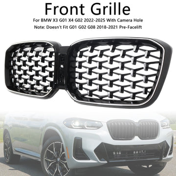 2022-2025 BMW X3 G01/X4 G02 Chrome diamant noir calandre pare-chocs avant calandre de remplacement avec bande lumineuse LED - 0