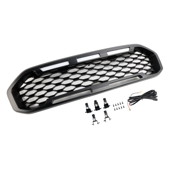Ford Ranger 2019-2023 Front Bumper Grill Raptor / Honeycomb / Mesh Style Black Grille W/ 3 White LED Light