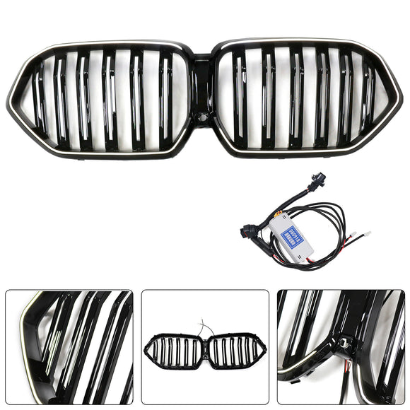 Rejilla de parachoques delantero de doble listón compatible con BMW X6 G06 M60i 2023-2025 con orificio para cámara