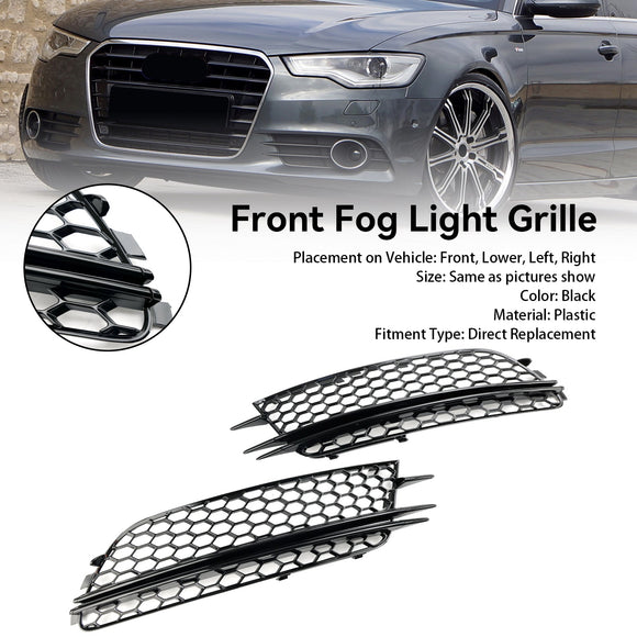 2012-2015 Audi A6 C7 Pre-Facelift Honycomb Lower Grille 2PCS Front Bumper Fog Light Black Cover Grill