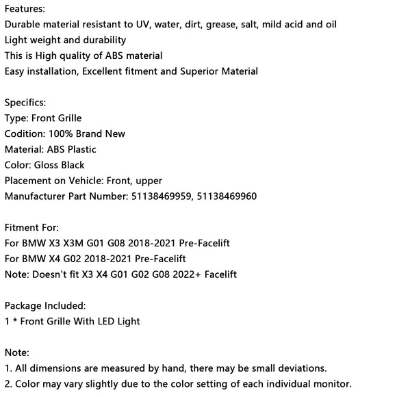 Rejilla de malla frontal negra brillante para BMW X4 G02 X3 G01 G08 2018-2021