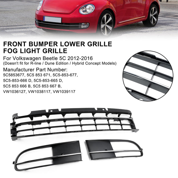 Volkswagen Beetle 5C 2012-2016 Front Bumper Lower Grille + Fog Light Grill Generic