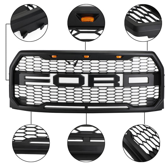 Raptor Style Grill For 2015-2017 Ford F150 Front Bumper Replacement Black Grille W/ LED & Letter