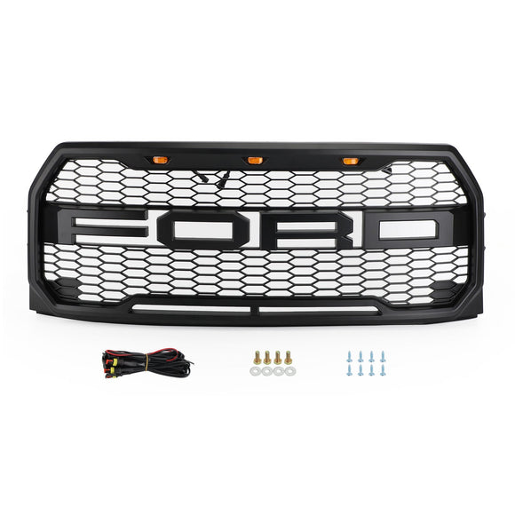 Raptor Style Grill For 2015-2017 Ford F150 Front Bumper Replacement Black Grille W/ LED & Letter