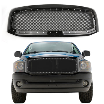 2006-2008 Dodge Ram 1500 2500 3500 Parrilla delantera Estilo remache Rejilla de parachoques delantero negro brillante - 0