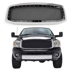 Ersatz-Fronthaube für Dodge Ram 1500 2500 3500 2006–2008, Netznieten-Grill, Schwarz/Chrom-Gitter - 0