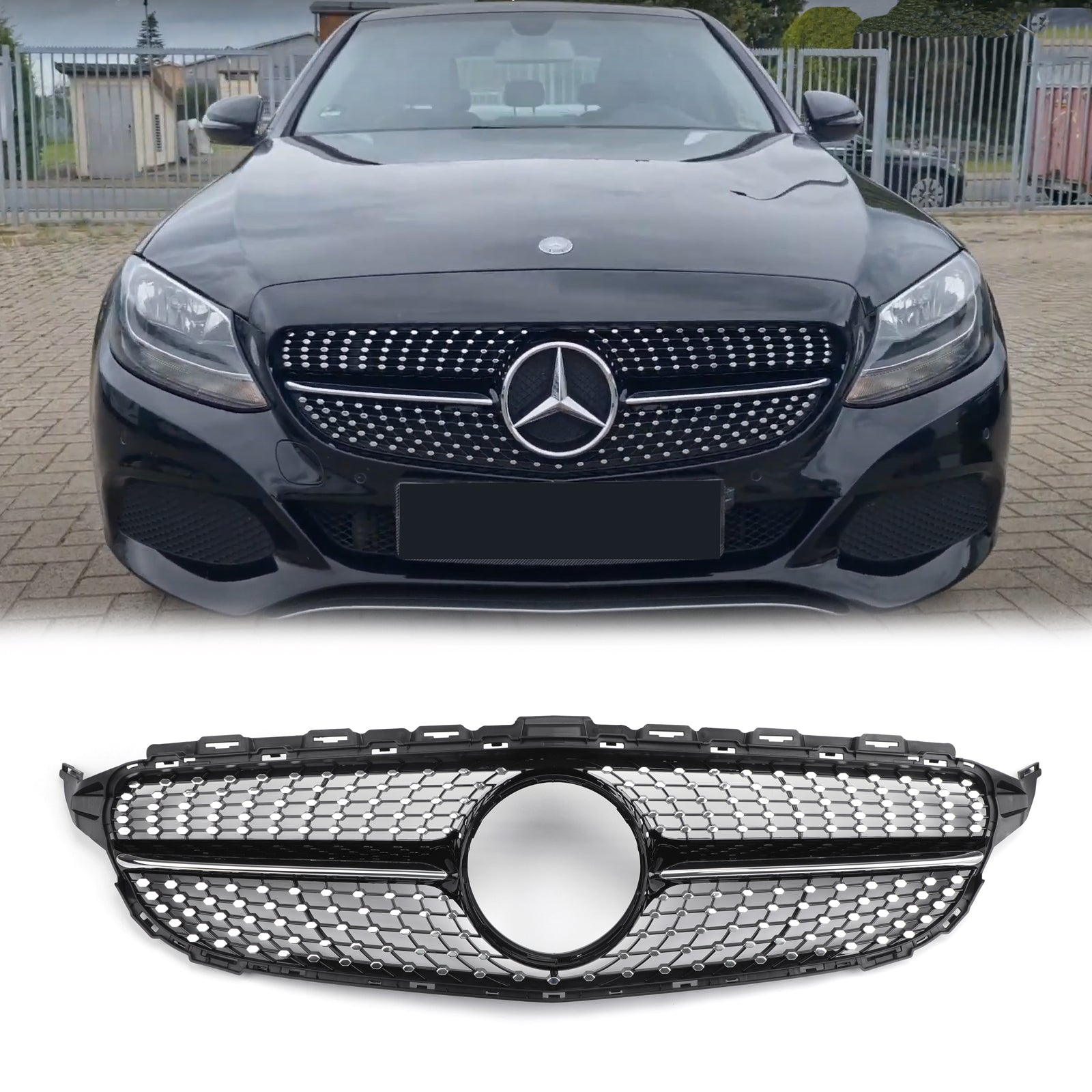 Grille Avant Style Diamant Pour Mercedes Classe C W205 (2015-2018) - C200, C250, C300, C350 - Noir