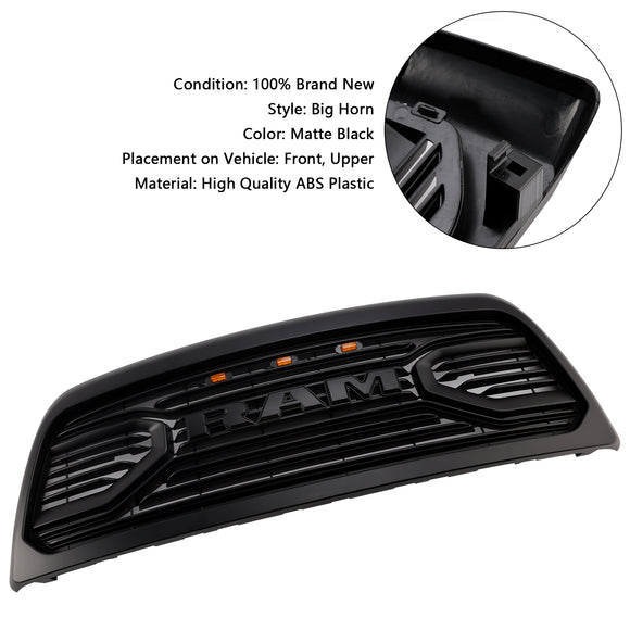 2013-2018 Dodgae Ram 2500/3500 Parrilla estilo Big-Horn Parachoques delantero Rejilla de repuesto negra mate con luz LED
