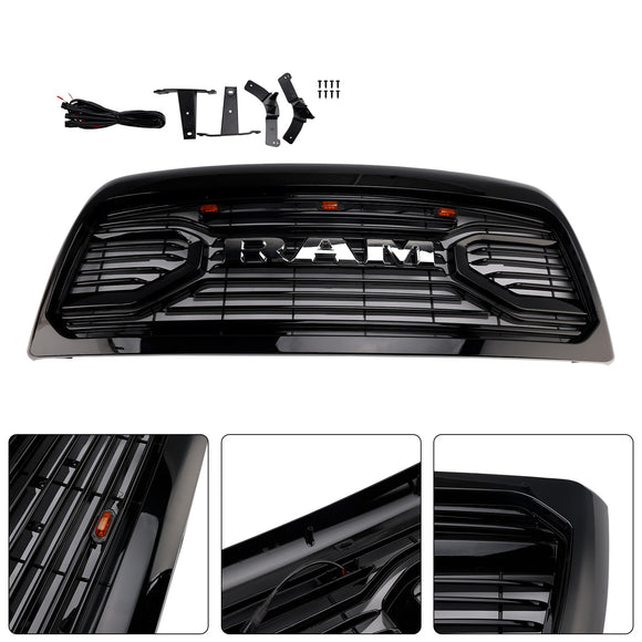 Dodgae Ram 2500 3500 2013-2018 Front Grill Big-Horn Style Front Bumper Glossy Black Grille W/ LED