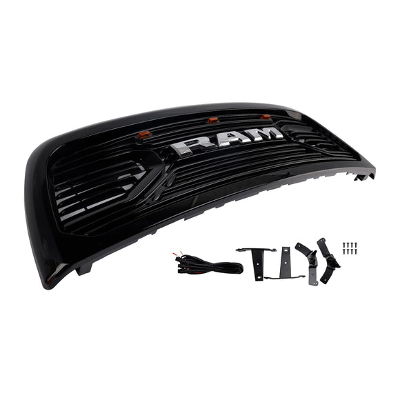 Dodgae Ram 2500 3500 2013-2018 Front Grill Big-Horn Style Front Bumper Glossy Black Grille W/ LED