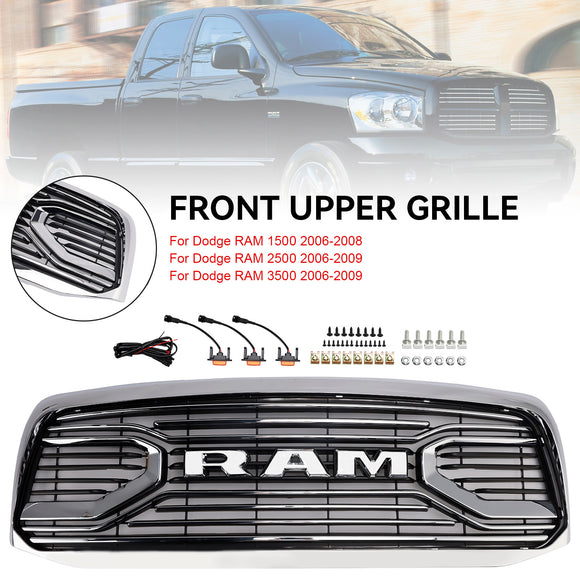 2006–2008 Dodge Ram 1500 2500 3500 Big Horn Style Chrome Grille Front Bumper Replacement Grill W/LED