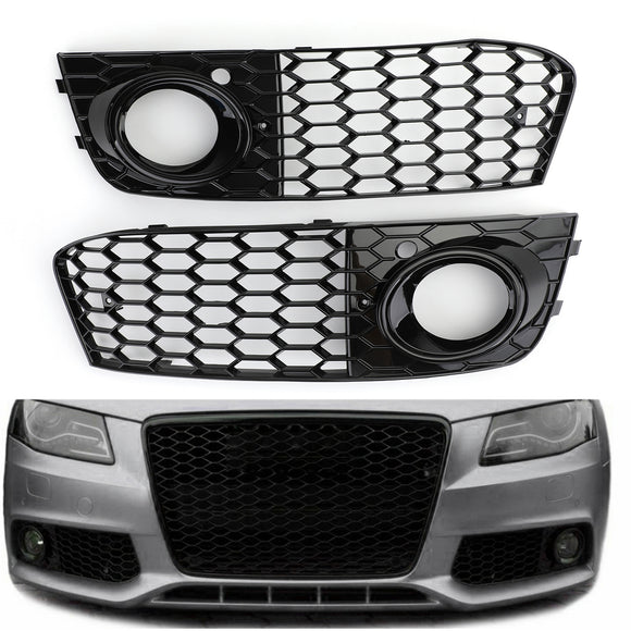 Parrilla hexagonal de malla de panal estilo Audi A4/A4 Avant B8 RS4 2008-2012, rejilla negra brillante + rejilla de luz antiniebla