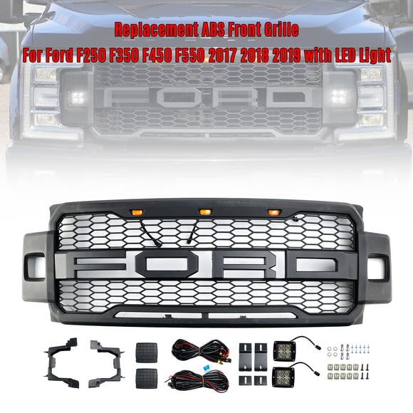 Raptor-Kühlergrill für 2017–2019 Ford F250/F350/F450/F550, Frontstoßstange, Waben-Schwarzgrill mit LED & Brief