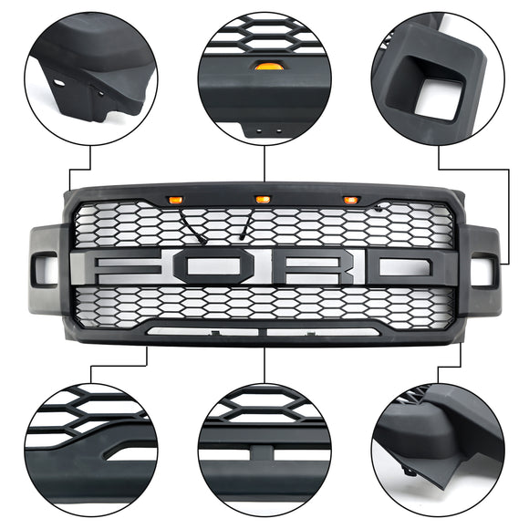 Raptor-Kühlergrill für 2017–2019 Ford F250/F350/F450/F550, Frontstoßstange, Waben-Schwarzgrill mit LED & Brief