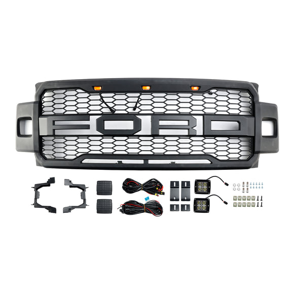 Raptor-Kühlergrill für 2017–2019 Ford F250/F350/F450/F550, Frontstoßstange, Waben-Schwarzgrill mit LED & Brief