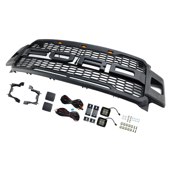 Raptor-Kühlergrill für 2017–2019 Ford F250/F350/F450/F550, Frontstoßstange, Waben-Schwarzgrill mit LED & Brief