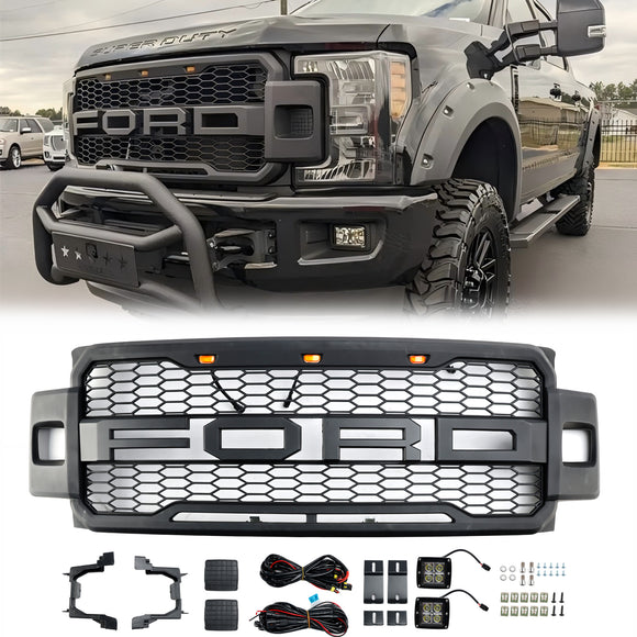 Raptor-Kühlergrill für 2017–2019 Ford F250/F350/F450/F550, Frontstoßstange, Waben-Schwarzgrill mit LED & Brief