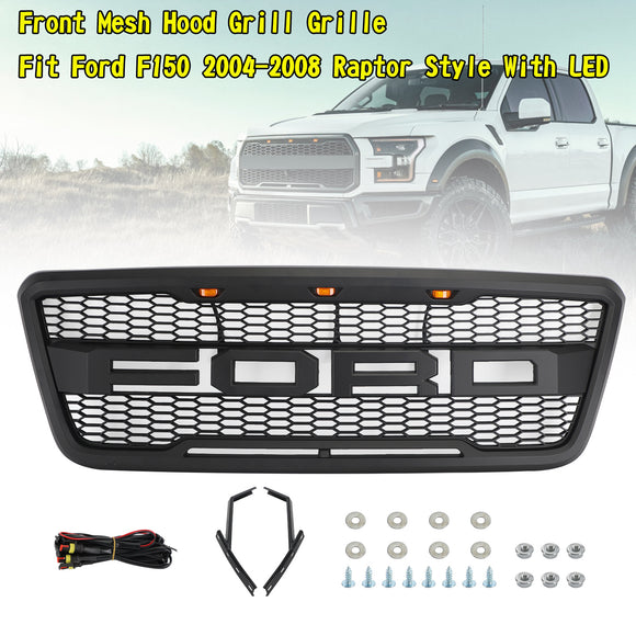 Calandre avant Ford F-150 Raptor 2004-2008, pare-chocs supérieur, grille en nid d'abeille noire avec LED & Lettre
