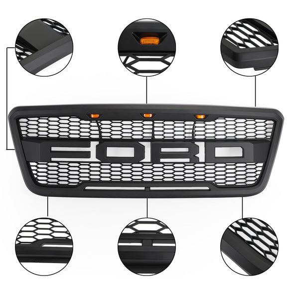 Raptor Style Grille For Ford F150 2004-2008 Front Bumper Black / Gray Grille W/LED & Letter