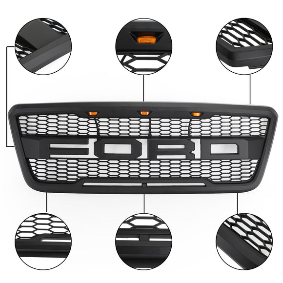 Calandre avant Ford F-150 Raptor 2004-2008, pare-chocs supérieur, grille en nid d'abeille noire avec LED & Lettre