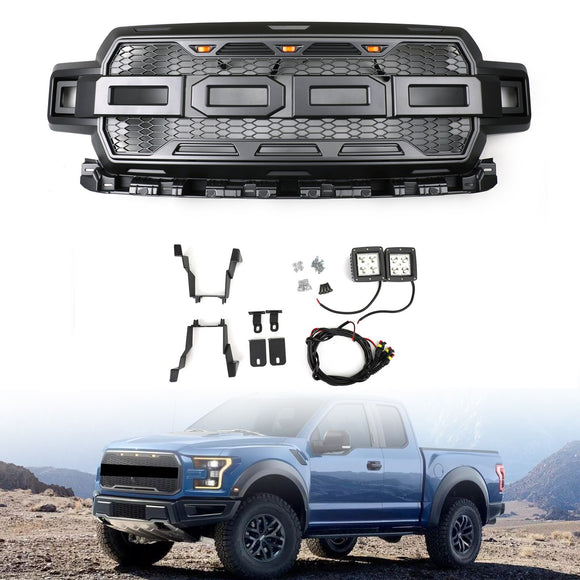 Parrilla de parachoques delantero estilo Ford F150 Raptor 2018-2020, parrilla negra con LED