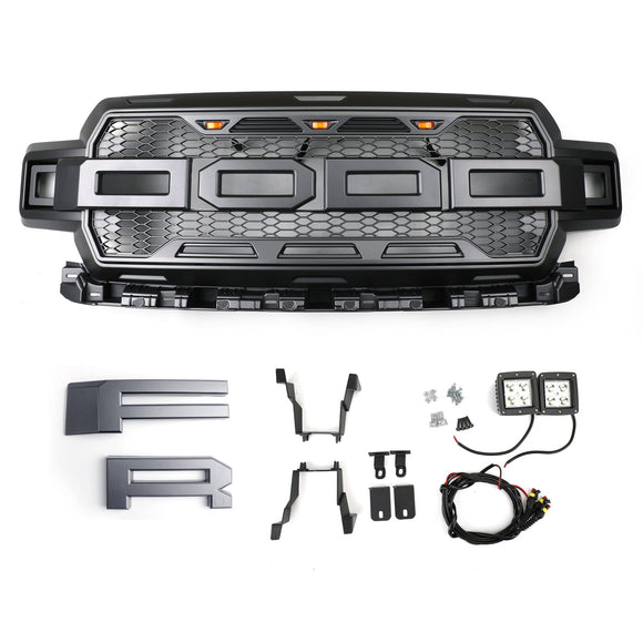 Parrilla de parachoques delantero estilo Ford F150 Raptor 2018-2020, parrilla negra con LED