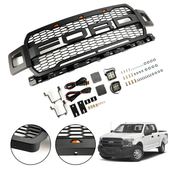 2018-2020 Ford F-150 Raptor Style Front Bumper Grill Replacement Black Grille W/ LED