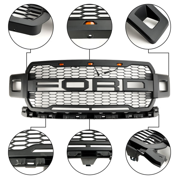 2018-2020 Ford F-150 Raptor Style Front Bumper Grill Replacement Black Grille W/ LED