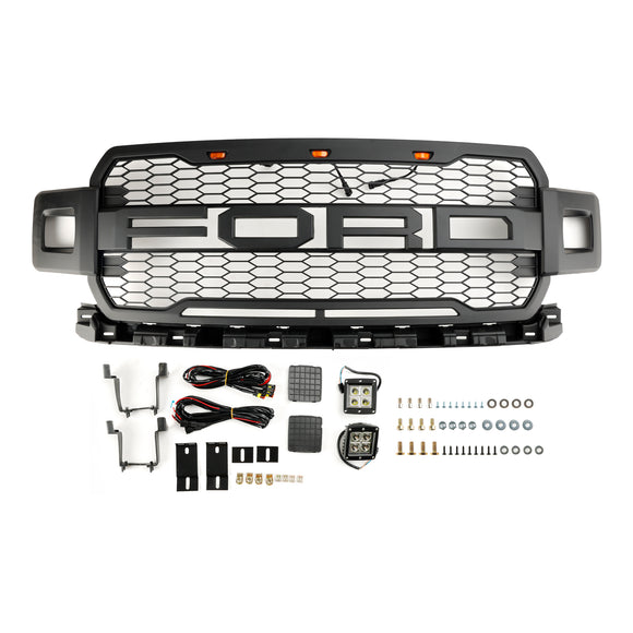 2018-2020 Ford F-150 Raptor Style Front Bumper Grill Replacement Black Grille W/ LED