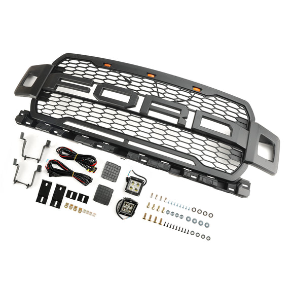 2018-2020 Ford F-150 Raptor Style Front Bumper Grill Replacement Black Grille W/ LED