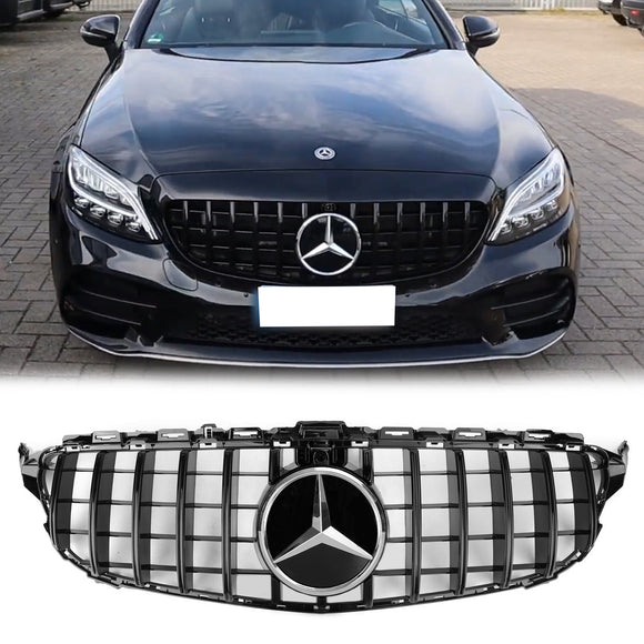 Mercedes Benz Clase C 2019-2021 W205 C205 A205 C200/250/300/200d/C43 Parrilla negra con cámara Parrilla estilo GTR