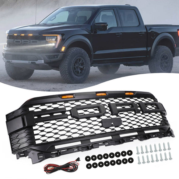 Griglia paraurti anteriore stile Ford F150 Raptor 2021-2023, griglia nera con LED & Foro della fotocamera