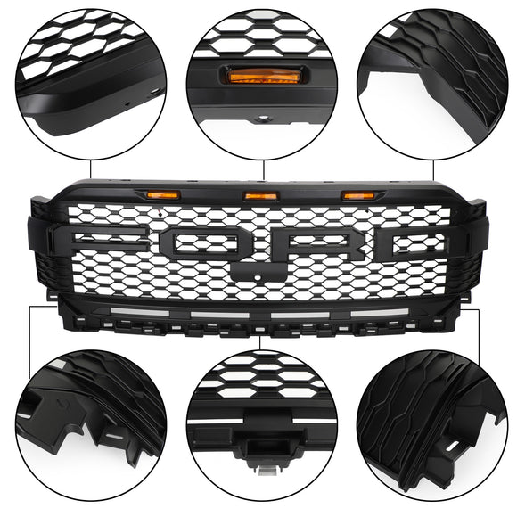 Ford F150 2021 2022 2023 Parrilla estilo Raptor Parachoques delantero Parrilla negra mate en forma de panal con luz LED