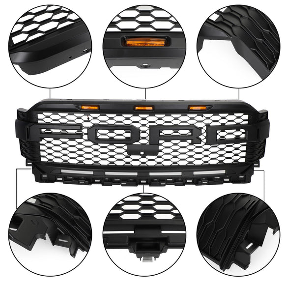 Griglia paraurti anteriore stile Ford F150 Raptor 2021-2023, griglia nera con LED & Foro della fotocamera