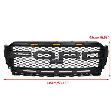 Calandre style Raptor pour pare-chocs avant Ford F-150 2021-2023, calandre noire en nid d'abeille avec LED & Trou de caméra & Lettre - 0