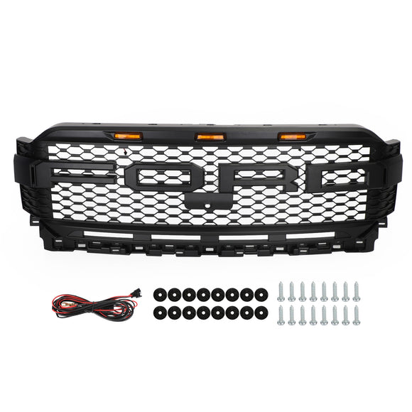 Ford F150 2021 2022 2023 Parrilla estilo Raptor Parachoques delantero Parrilla negra mate en forma de panal con luz LED