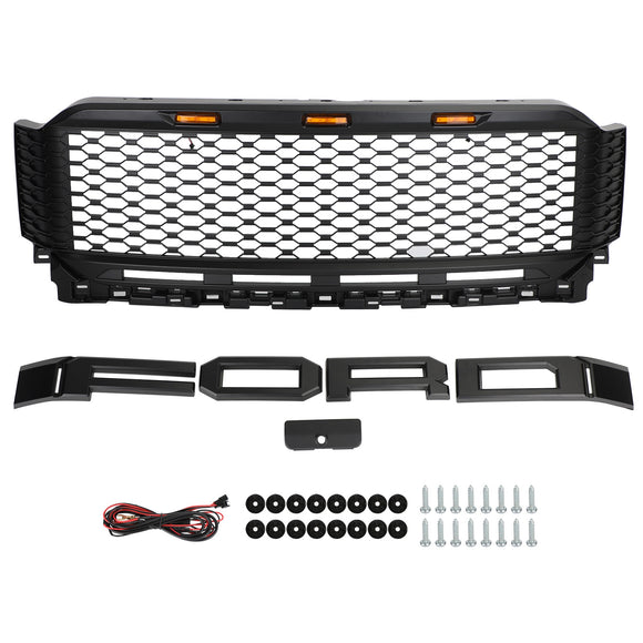Ford F150 2021 2022 2023 Parrilla estilo Raptor Parachoques delantero Parrilla negra mate en forma de panal con luz LED