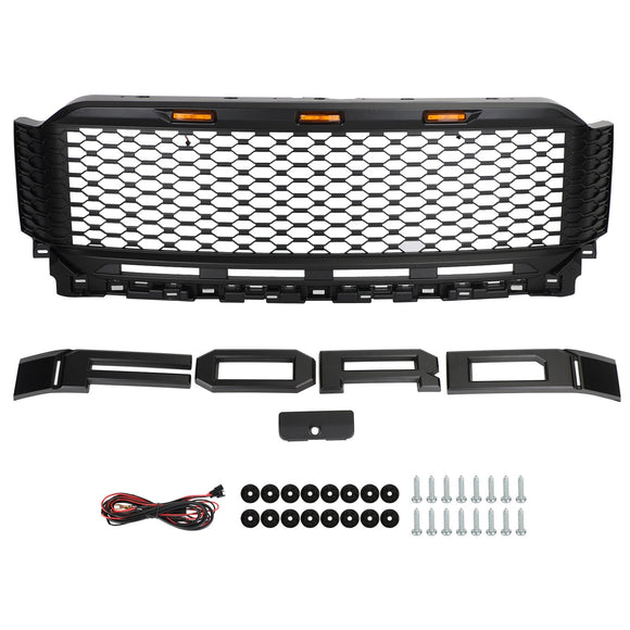 Griglia paraurti anteriore stile Ford F150 Raptor 2021-2023, griglia nera con LED & Foro della fotocamera
