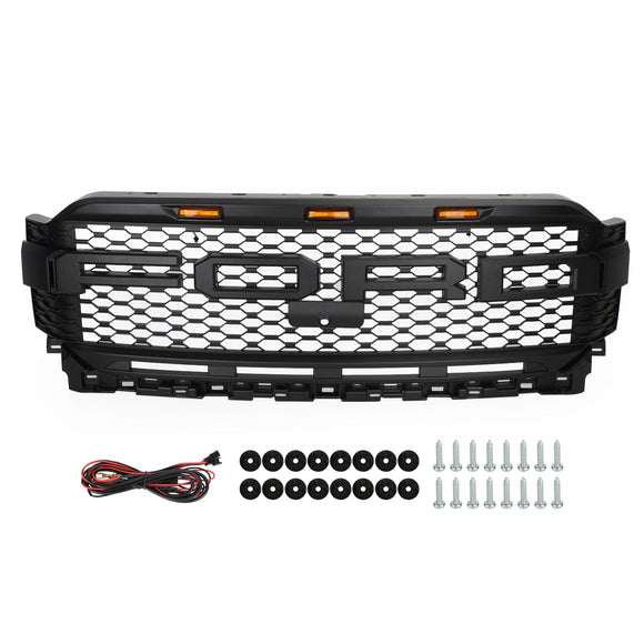 Griglia paraurti anteriore stile Ford F150 Raptor 2021-2023, griglia nera con LED & Foro della fotocamera