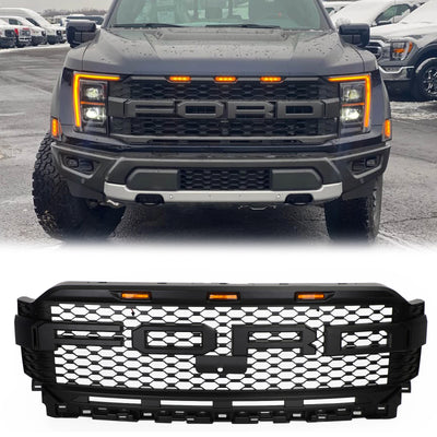 Parrilla delantera estilo Raptor para Ford F150 2021-2023, color negro y con LED & Agujero de la cámara