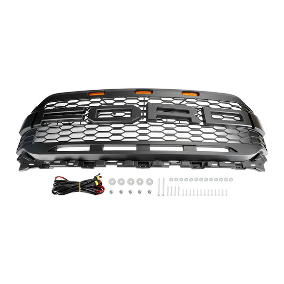 Ford F150 2021 2022 2023 Parrilla estilo Raptor Parachoques delantero Parrilla negra mate en forma de panal con luz LED