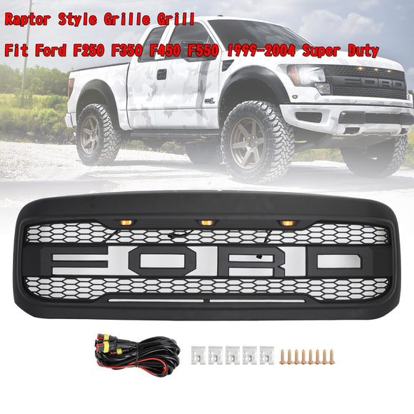 Calandre de pare-chocs avant style Raptor pour Ford F250 F350 F450 Super Duty 1999-2004, calandre en nid d'abeille noire avec LED & Lettre
