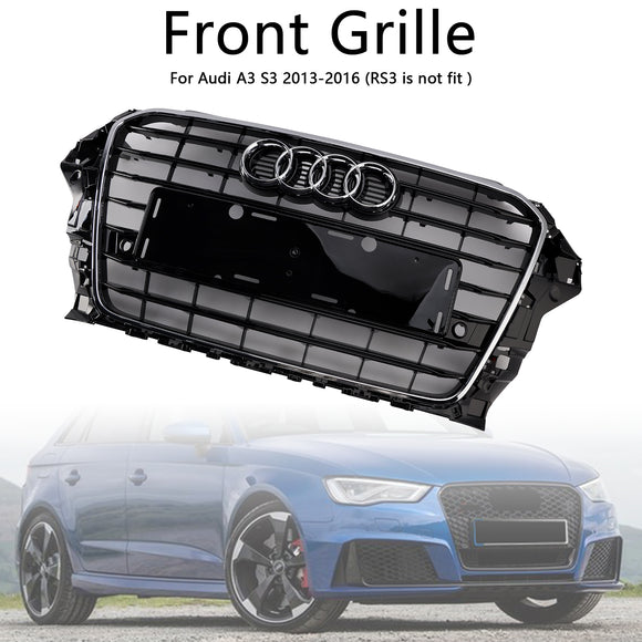 2013-2016 Audi A3/ A3 Sline/ S3 Front Bumper Grille Chrome Black Mesh Slat Grill W/ Ring Emblem