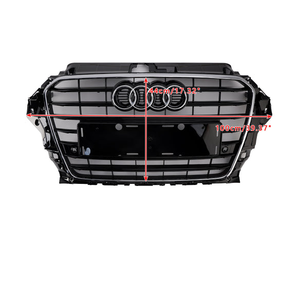 2013-2016 Audi A3/ A3 Sline/ S3 Front Bumper Grille Chrome Black Mesh Slat Grill W/ Ring Emblem