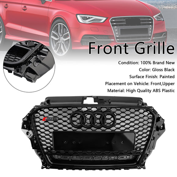 RS3 Style Front Grille For Audi A3/ A3 Sline/ S3 2013-2016 Honeycomb Bumper Black Grill W/ Ring Emblem & Quattro Letter