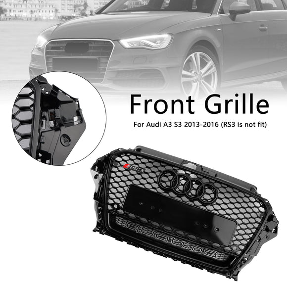 RS3 Style Front Grille For Audi A3/ A3 Sline/ S3 2013-2016 Honeycomb Bumper Black Grill W/ Ring Emblem & Quattro Letter
